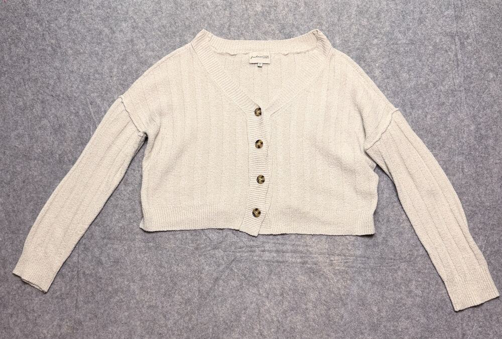 Freshman 1996 Womens M Cream Cropped Ribbed Cardigan Sweater Oversized Button Up